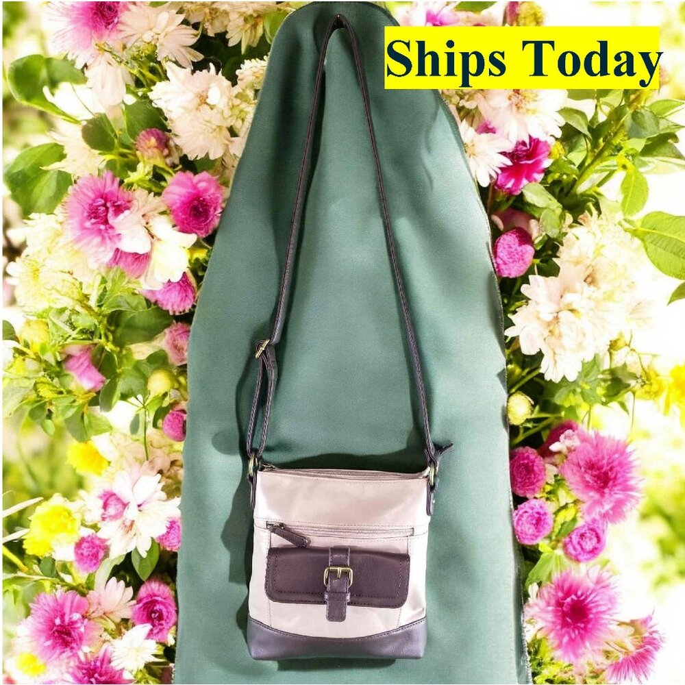 Stone Mountain Beige & Brown Leather Crossbody Purse Shoulder Bag 11378